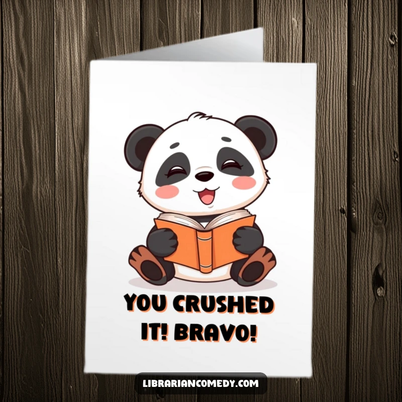 Funny Free Printable Congratulations Card: Giggling panda reading a book upside down, celebrating success with quirky humor.