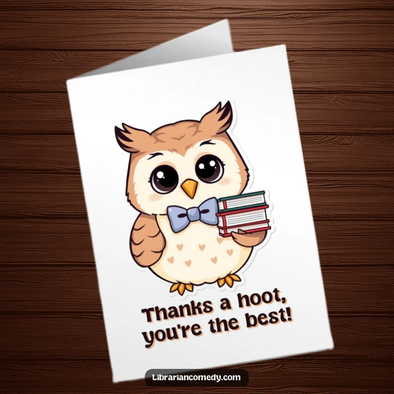 Funny Free Printable Thank You Card: Cute owl with bowtie and books, offering heartfelt thanks with a literary touch.