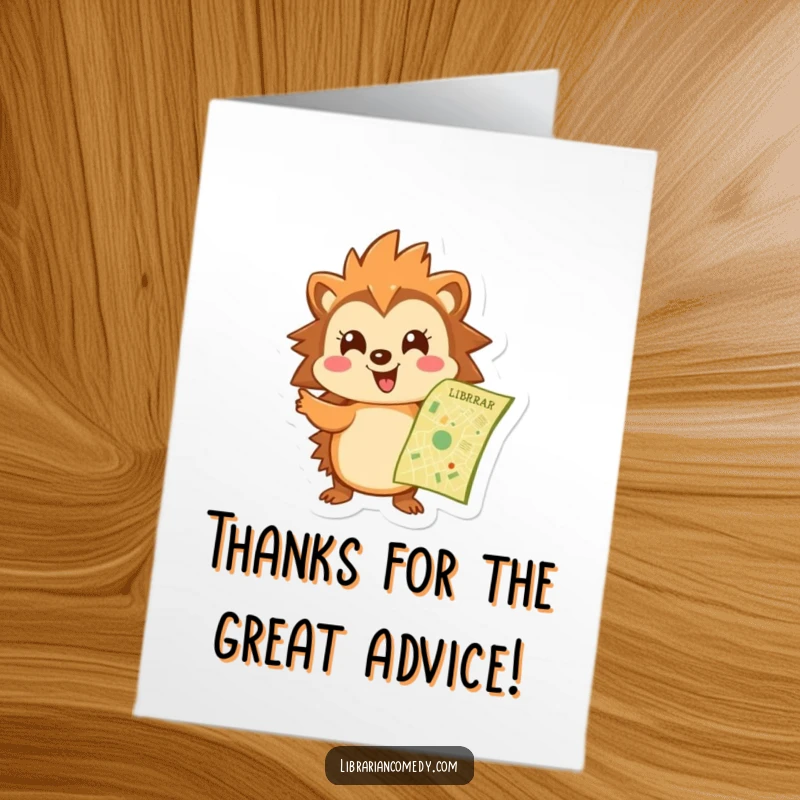 Funny Free Printable Thank You Card: A cheerful hedgehog points at a library map, offering thanks with a guide.