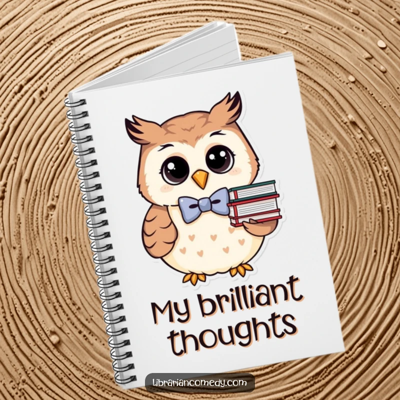 Funny owl with bowtie and books on a notebook cover, encouraging writing and creativity, a funny gift for authors.