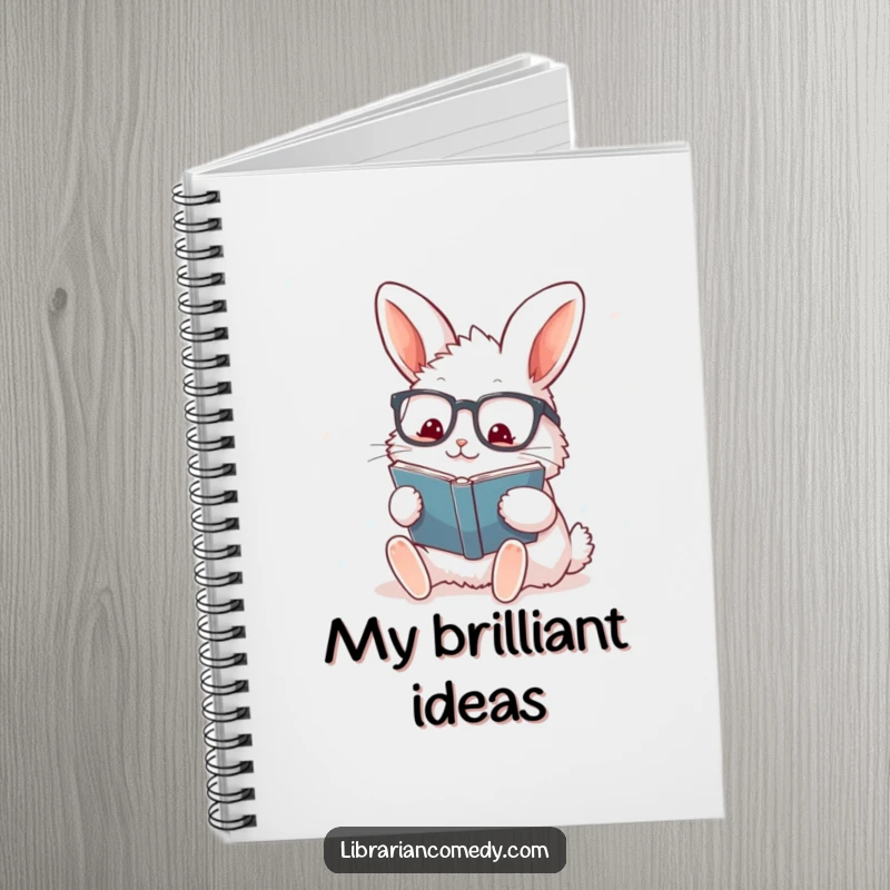 Funny rabbit with glasses stamping a book on a notebook cover, encouraging enthusiastic writing, a funny gift for authors.