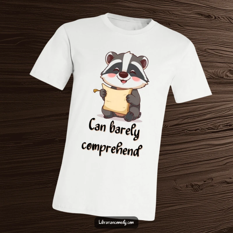 Funny T-Shirt: A determined badger comically trying to decipher the text on a miniature scroll, showcasing its persistence.