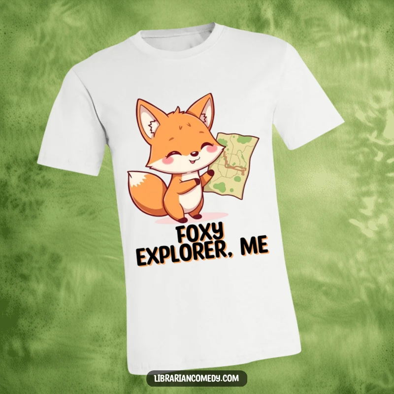 Funny smiling fox pointing at a map with a twinkle in its eye on a t-shirt, inspiring travel and adventure, a funny gift.