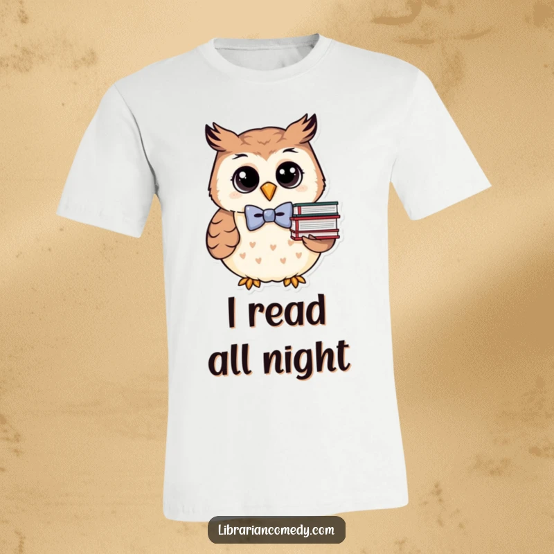 Funny cute owl with bowtie and books on a t-shirt, looking ready to read, for book lovers and geeks.