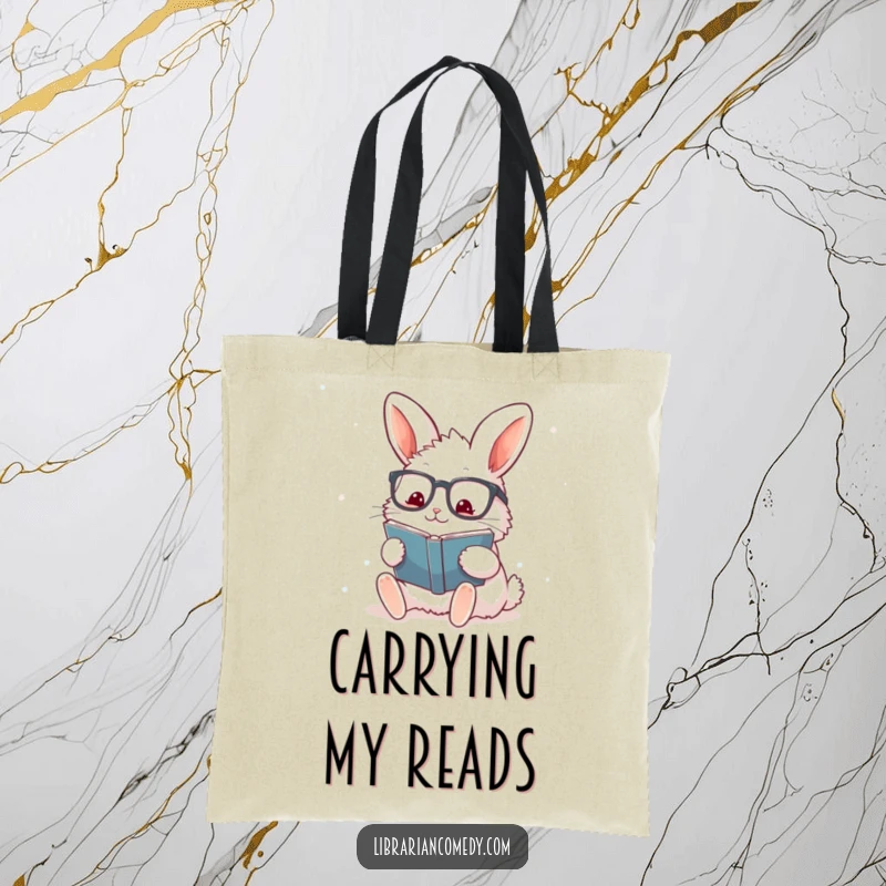 Funny rabbit with glasses stamping a book on a tote bag, perfect for carrying books and library finds, a funny gift.