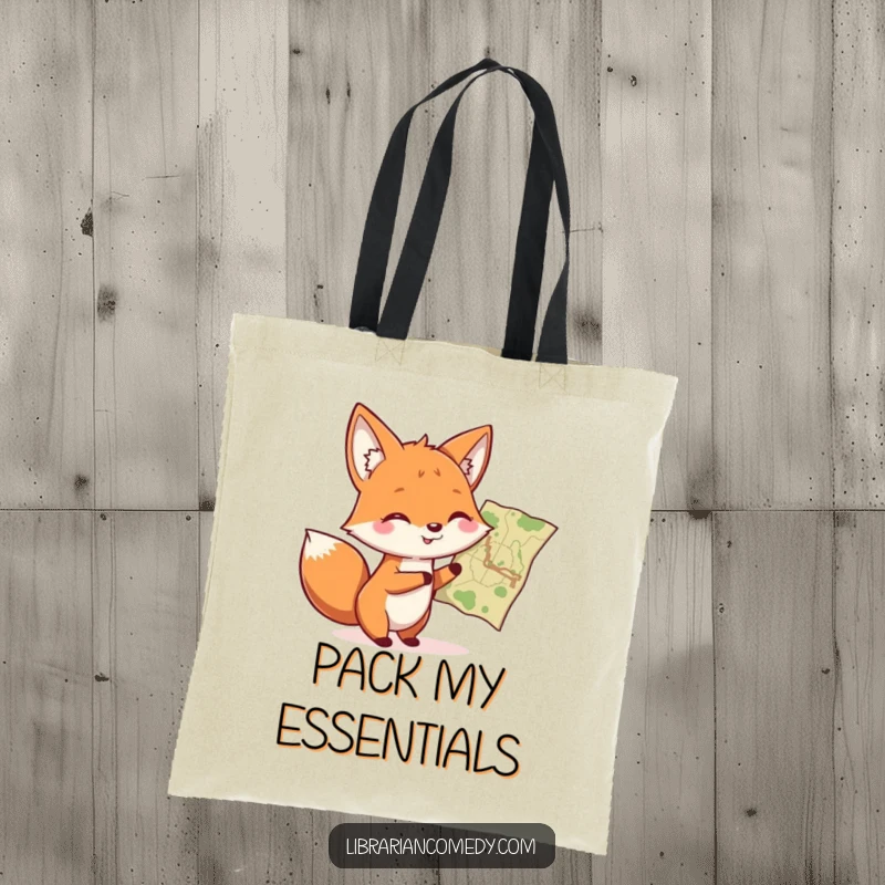 Funny fox pointing at a map on a tote bag, ideal for carrying travel essentials and maps, a funny gift.