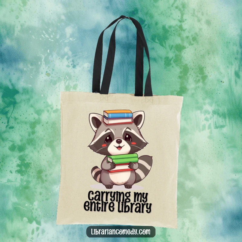 Funny Tote Bag: A charming raccoon comically balancing a stack of books on its head, ready for a scholarly adventure.