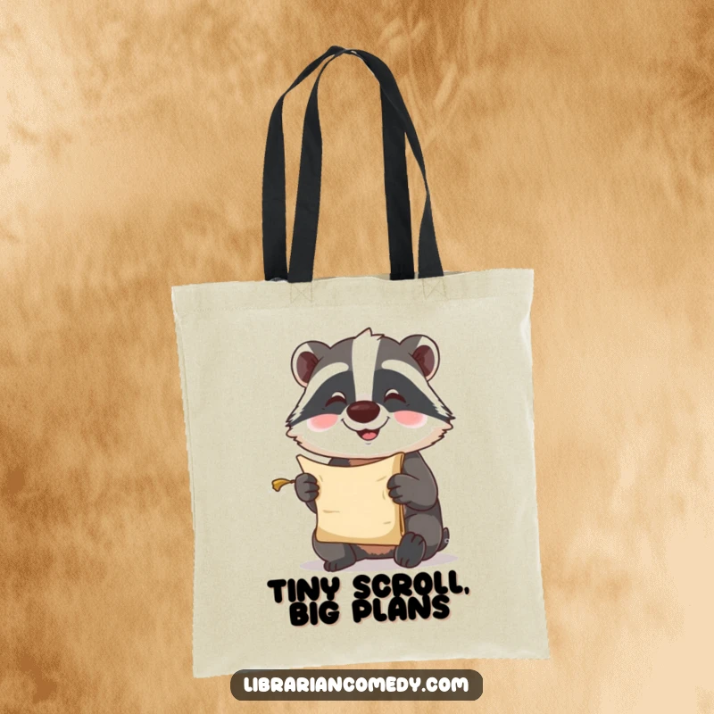 Funny Tote Bag: A charming badger comically trying to read a minuscule scroll, ready to carry your treasures.